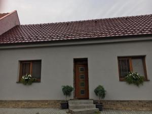 ein weißes Haus mit zwei Fenstern und einer Tür in der Unterkunft U Tabáčka in Hradčovice