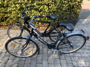 deux vélos garés l'un à côté de l'autre sur un trottoir dans l'établissement Ferienwohnung Storchennest - Erholung für Naturliebhaber, à Auhagen