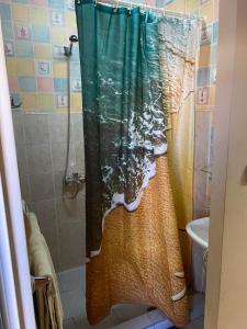 a shower with a shower curtain in a bathroom at Motel Dilijans in Vidin