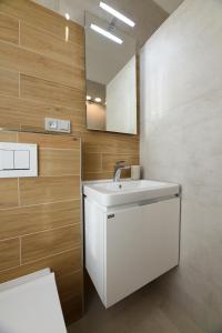 W łazience znajduje się biała umywalka i lustro. w obiekcie Apartmány Karina w Jańskich Łaźniach
