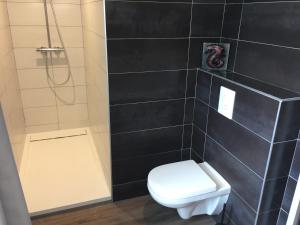 a black tiled bathroom with a toilet and a shower at une nuit sur le pont 1 in Landerneau