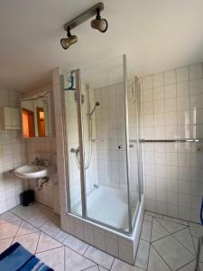 a bathroom with a shower and a sink at Ferienwohnung am Deichweg in Cappel-Neufeld