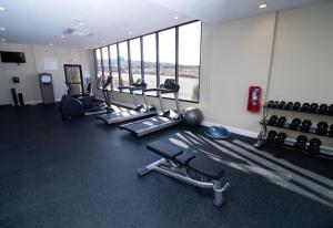 a gym with several tread machines and a large window at Holiday Inn Scranton East - Dunmore, an IHG Hotel in Dunmore