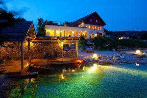una casa con piscina di notte di Wellness hotel V Nebi a Kořenov