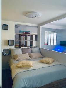 - une chambre avec un grand lit et des oreillers dans l'établissement Rare ! Appartement Tout Confort Plein Centre Ville, à Rennes