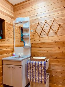 ein Bad mit einem Waschbecken und einem Spiegel in der Unterkunft Biwako AshiのMori 温泉付き in Takashima