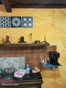 cocina con encimera y pared amarilla en La grotta del ghetto, en Pitigliano