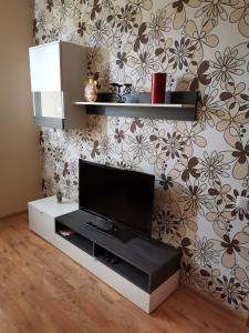 uma sala de estar com uma televisão de ecrã plano na parede em Sunny apartment Kėdainiai em Kėdainiai