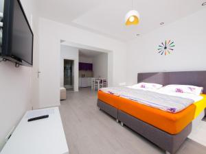 a bedroom with a bed and a flat screen tv at Apartments F & P in Dubrovnik
