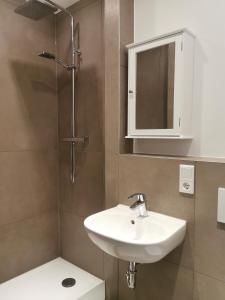 ein Bad mit einem Waschbecken und einer Dusche mit einem Spiegel in der Unterkunft Apartment "Lyon" in Korschenbroich