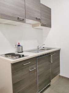 a kitchen with wooden cabinets and a sink at Apartment "Lyon" in Korschenbroich