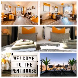 uma colagem de fotografias de um quarto com uma cama e uma sala de estar em The Penthouse Margate, Balconies, Sea View, Gated Parking, Air Con! em Margate