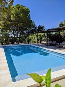 a large blue swimming pool with trees in the background at Cottage Aixois in Aix-en-Provence