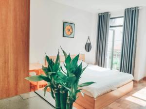 a bedroom with a bed and a plant on a table at Cozy Apartment in Da Nang