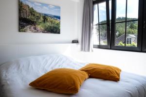 1 dormitorio con 2 almohadas en una cama con ventana en PANACHE - BIKE EN SLEEP HOTEL, en La-Roche-en-Ardenne