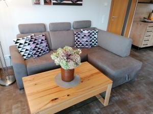 a living room with a couch and a coffee table at Komfort Appartements serviced by Auhof in Kaprun