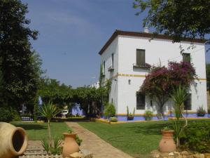 邁雷納德亞可的住宿－Huerta La Cansina，一座白色的大建筑,有植物庭院