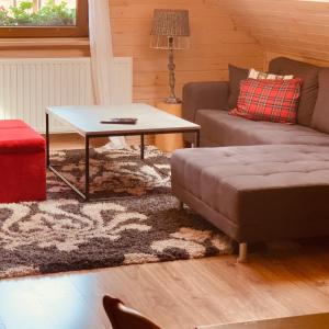 a living room with a couch and a coffee table at UDany Weekend in Ustrzyki Dolne