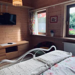 een slaapkamer met een bed, een bureau en een televisie bij UDany Weekend in Ustrzyki Dolne