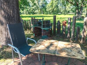 einen Tisch und Stühle neben einem Baum und einem Zaun in der Unterkunft Ferienwohnung Letsch in Burg