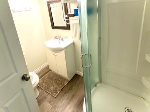 La salle de bains est pourvue d'un lavabo, de toilettes et d'une douche. dans l'établissement Metropolitan Suite, à Niagara Falls