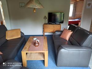 a living room with two leather couches and a coffee table at Der Amboss in Wangerland