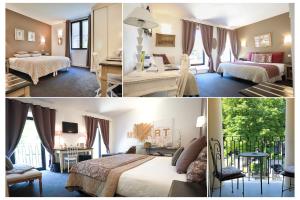 duas fotografias de um quarto de hotel com duas camas em Hotel Restaurant du Parc en Bord de Rivière em Fontaine-de-Vaucluse