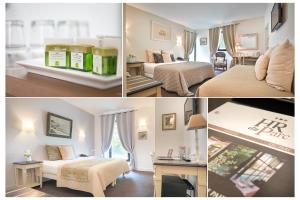 un collage di quattro foto di una camera d'albergo di Hotel Restaurant du Parc en Bord de Rivière a Fontaine-de-Vaucluse