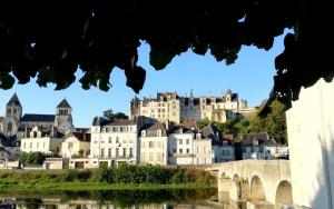 a view of a castle from a bridge over a river at Au pied du château in Saint-Aignan