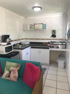 a kitchen with a green couch in a kitchen at Trailer Beach Front Cottage in Savaneta