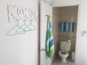 a bathroom with a toilet and a towel at Trailer Beach Front Cottage in Savaneta