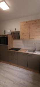eine Küche mit Holzschränken und einem Waschbecken in der Unterkunft Richter Apartments Finsterwalde 2 in Finsterwalde