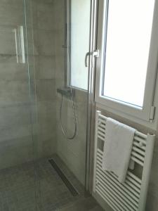 uma casa de banho com um chuveiro e uma porta de vidro em Chambre d'hôtes du Muguet avec SdB privative em Le Mans