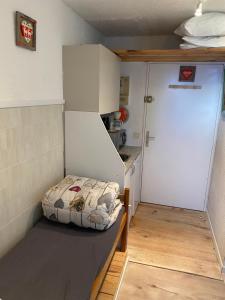 a small room with a bed and a closet at Studio Les Marmottes Bleues PRALOUP 1500 in Uvernet