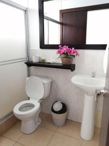 uma casa de banho com um WC e um lavatório em Hotel Yurak em Archidona