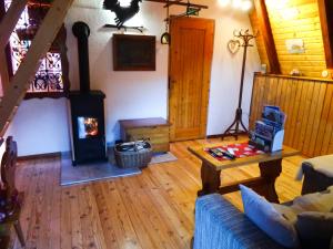 una sala de estar con estufa de leña en una casa en Wooden Cottage en Jesenice