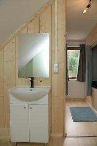 uma casa de banho com um lavatório e um espelho em Basic vakantiehuisje op val d'Or em Enscherange