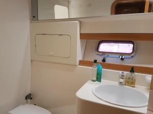 a small bathroom with a sink and a mirror at BOAT APPART TITANIC Cherbourg motor yacht à quai ROSE STAR in Cherbourg en Cotentin