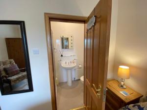 a bathroom with a sink and a toilet and a mirror at Manor House in Stornoway