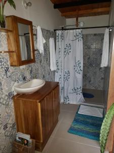y baño con lavabo y ducha. en Cabaña Manalí en Guatapé