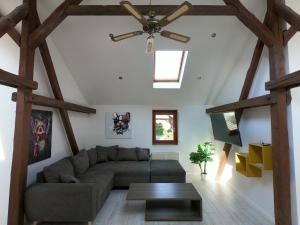 a living room with a couch and a ceiling fan at Die Göttinger Ferienwohnung, alt trifft modern! in Göttingen