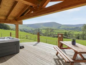 a wooden deck with a hot tub and a table at Bryn Eiddon Log Cabin in Machynlleth