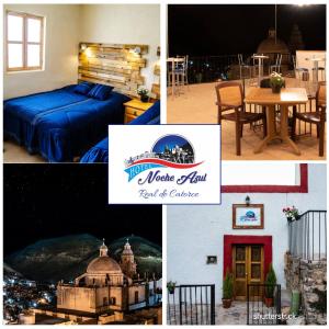 un collage de photos d'une chambre d'hôtel avec un lit et une table dans l'établissement Hotel Noche Azul, à Real de Catorce