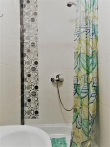 a bathroom with a shower with a shower curtain at Beregynya in Yuzhnoukrainsk 