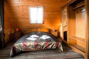 een slaapkamer met een bed in een houten hut bij Karpatska Vezha in Myhove