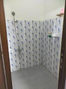Łazienka z prysznicem wyłożona jest niebieskimi i białymi kafelkami. w obiekcie Gosyen Efata Toraja Hotel w mieście Makale