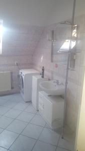 łazienka z umywalką i pralką w obiekcie Bliss apartment w mieście Tata
