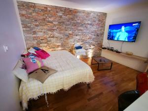 a bedroom with a bed and a brick wall at Maison Small Luxury ( planxa,suite,solarium,jacuzzi,pas de vis à vis) in Argelès-sur-Mer