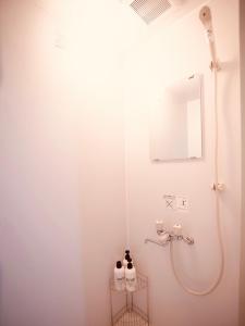 函館市にあるTomoeドットコム2 onepiecehouseのバスルーム(シャワー、ラック上のボトル3本付)