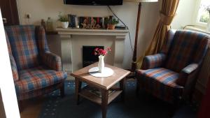 a living room with two chairs and a table and a fireplace at eXo Hotel Franka Bamberg - by NeVo Hotels in Hallstadt